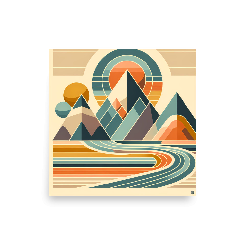 Geometric Mountain Landscape with Retro Sun — Art Print