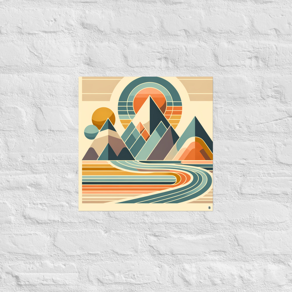 Geometric Mountain Landscape with Retro Sun