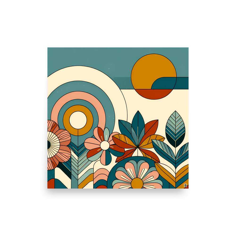 Geometric Botanical Sun and Floral Composition — Art Print