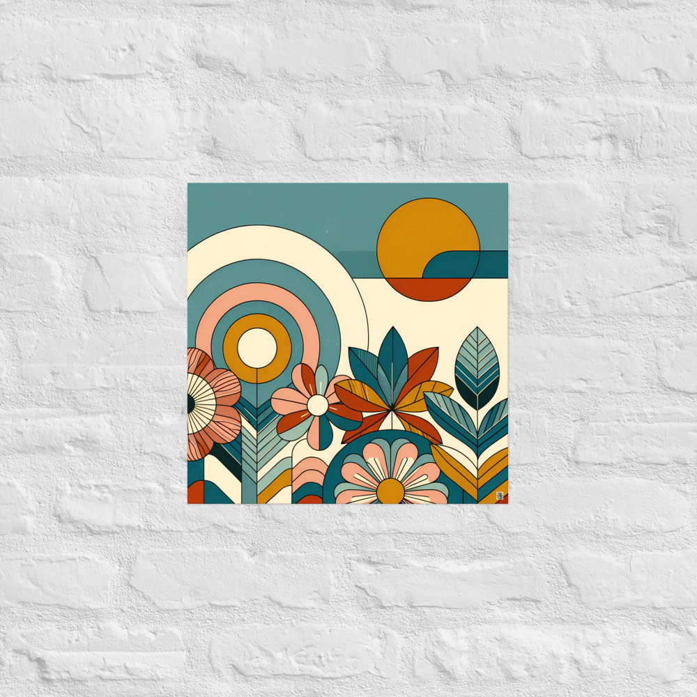 Geometric Botanical Sun and Floral Composition