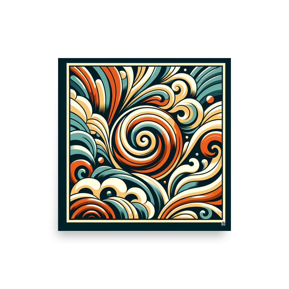 Retro Abstract Swirl Waves in Teal and Burnt Orange — Art Print