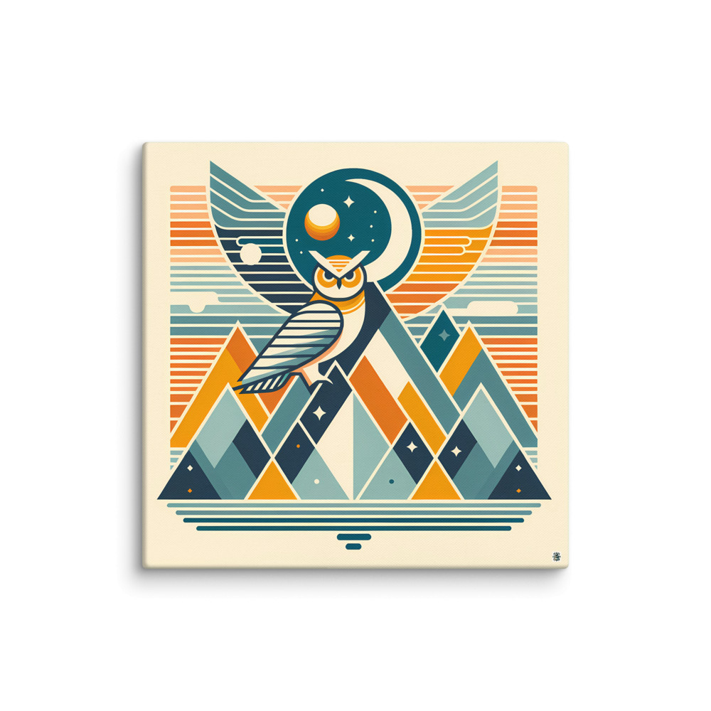 Geometric Owl Moon Over Mountains — Canvas Print