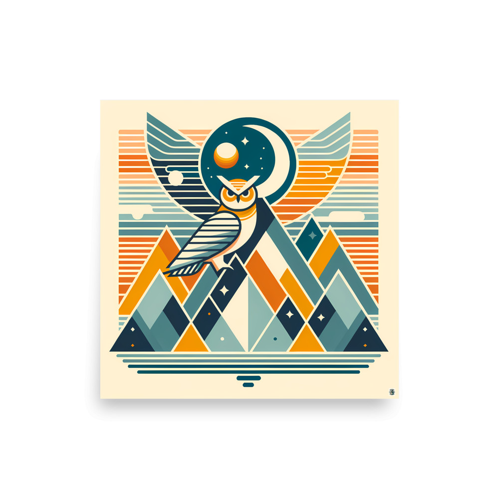 Geometric Owl Moon Over Mountains — Art Print