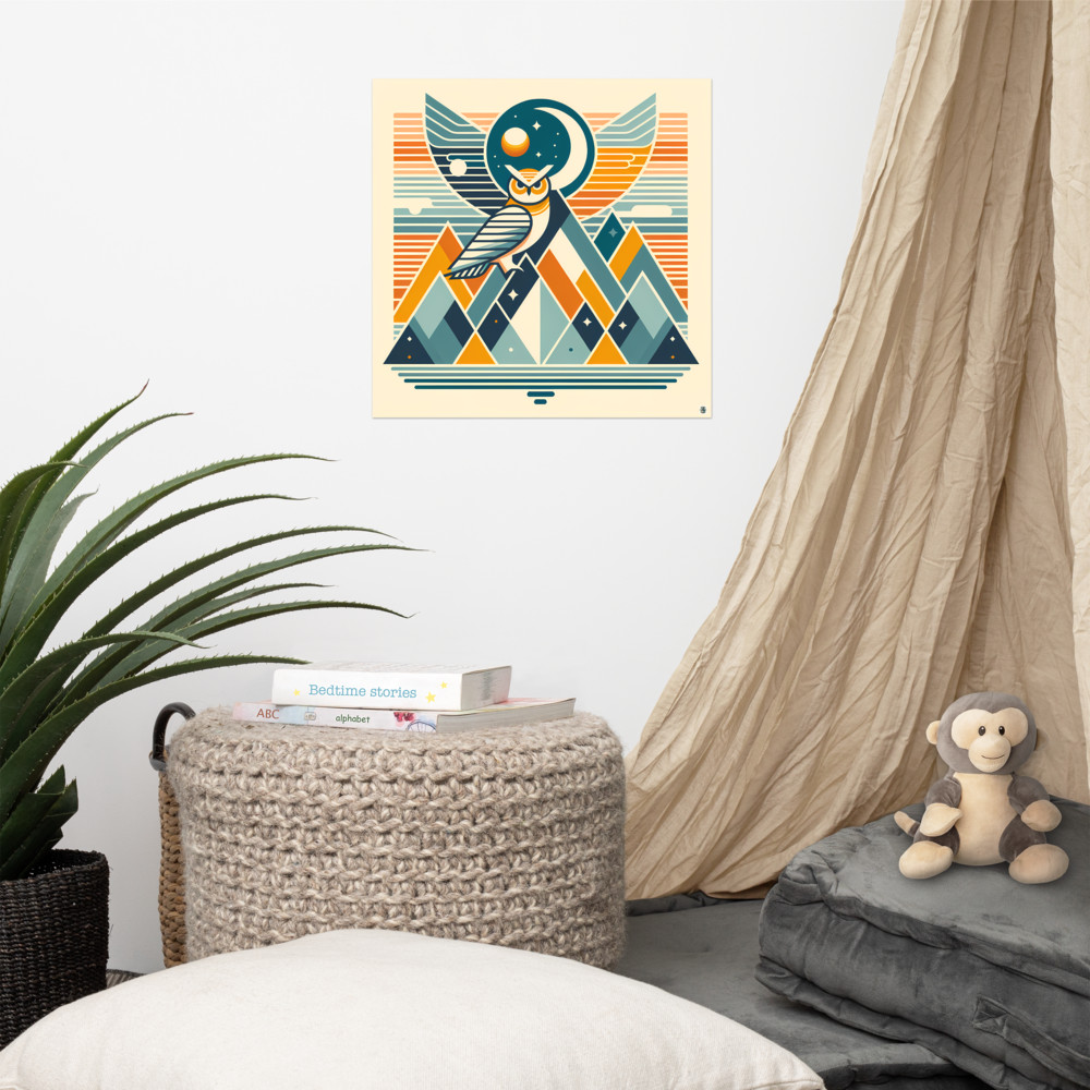 Geometric Owl Moon Over Mountains