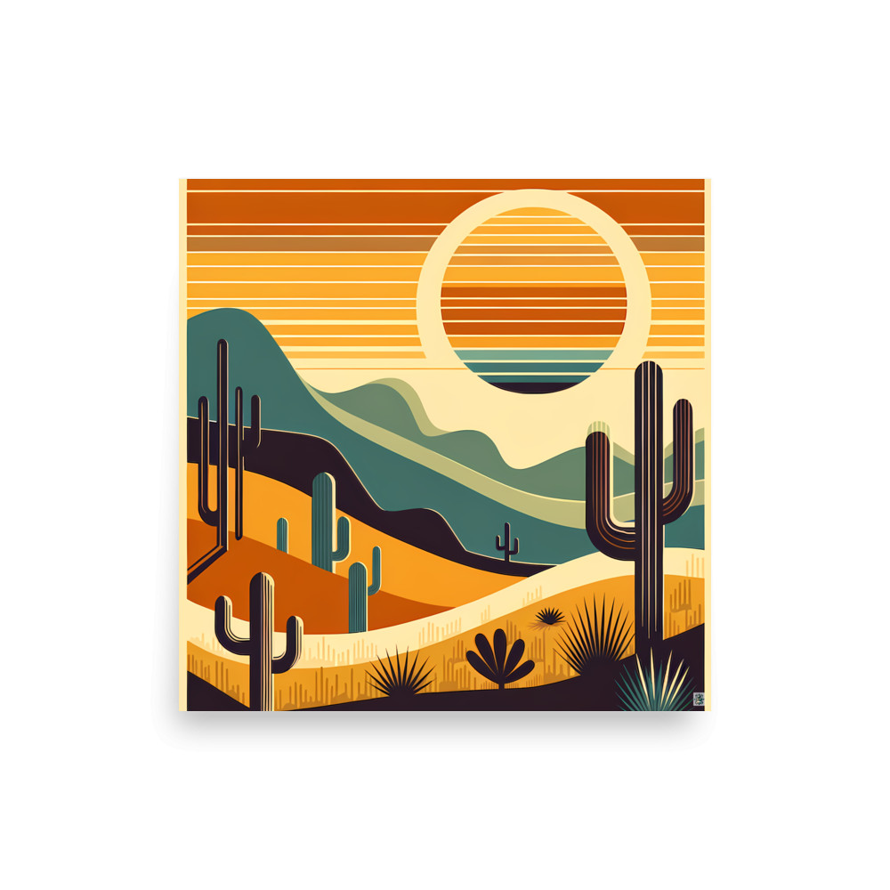 Geometric Desert Sunset with Cacti — Art Print