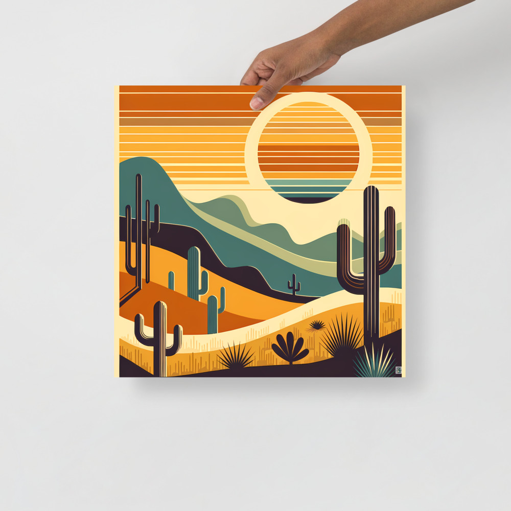 Geometric Desert Sunset with Cacti
