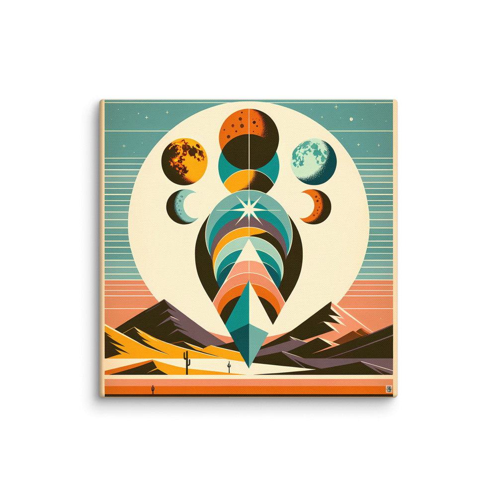 Geometric Moon Phases Over Desert Mountains — Canvas Print