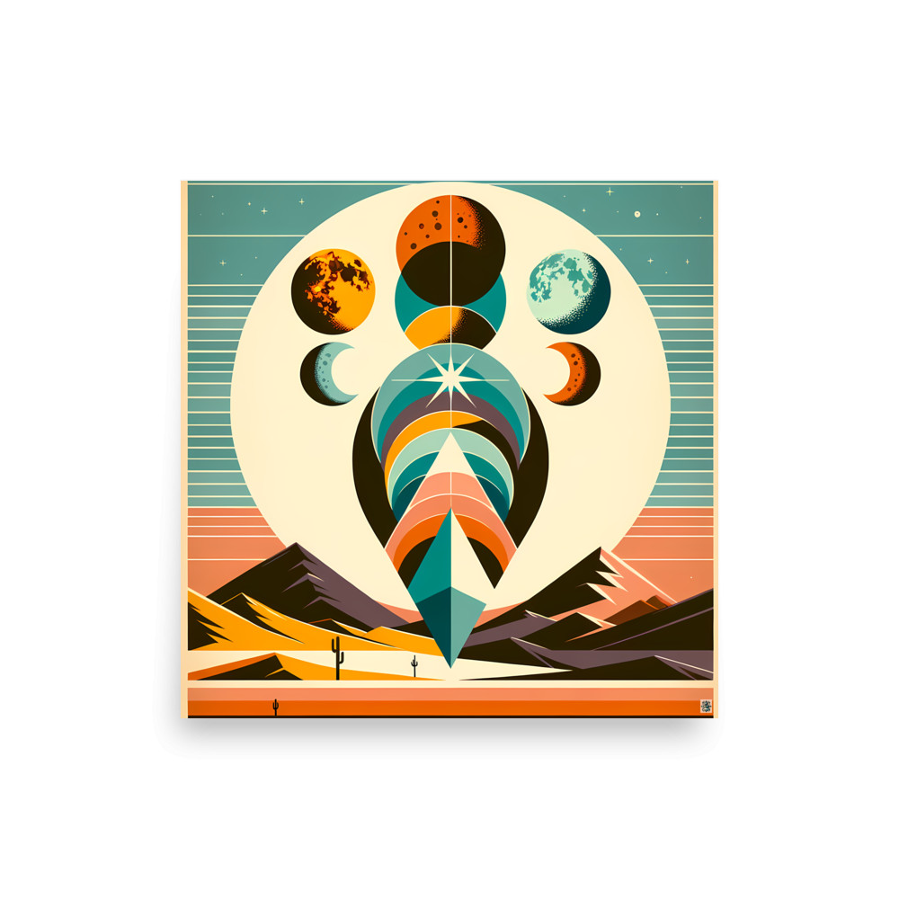 Geometric Moon Phases Over Desert Mountains — Art Print