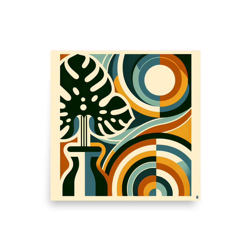 Abstract Monstera Vase with Geometric Arches — Art Print