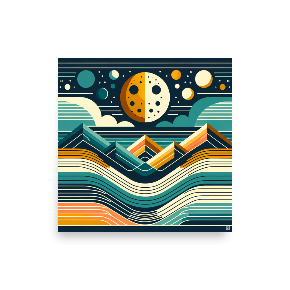 Geometric Moon Over Layered Mountains — Art Print