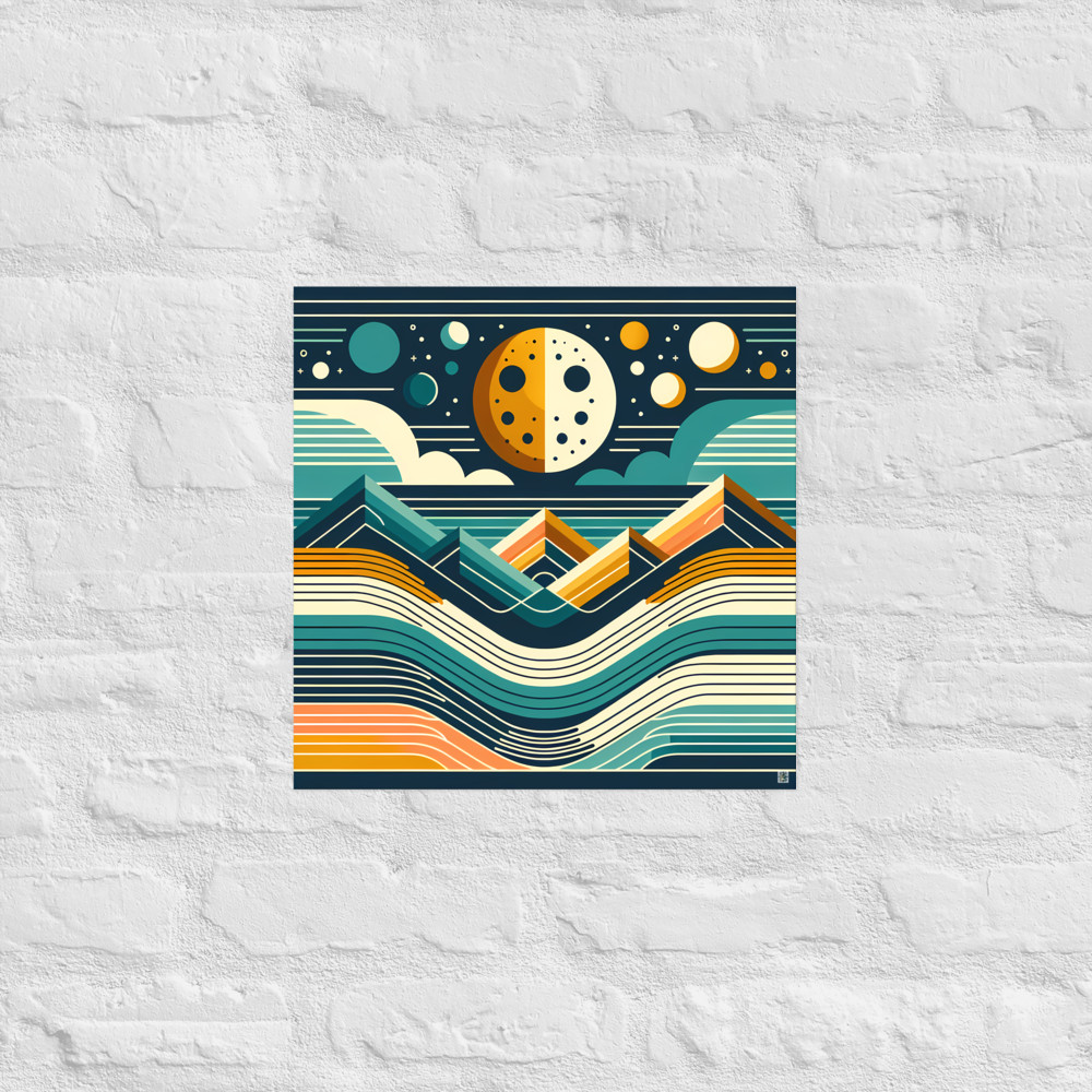 Geometric Moon Over Layered Mountains