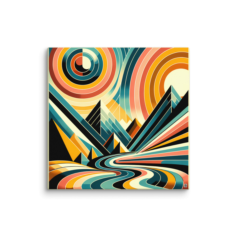 Geometric Mountain Silhouettes with Retro Sun Rings — Canvas Print