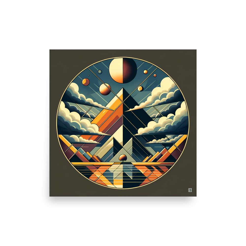 Retro Geometric Mountain Sky with Moons and Clouds — Art Print