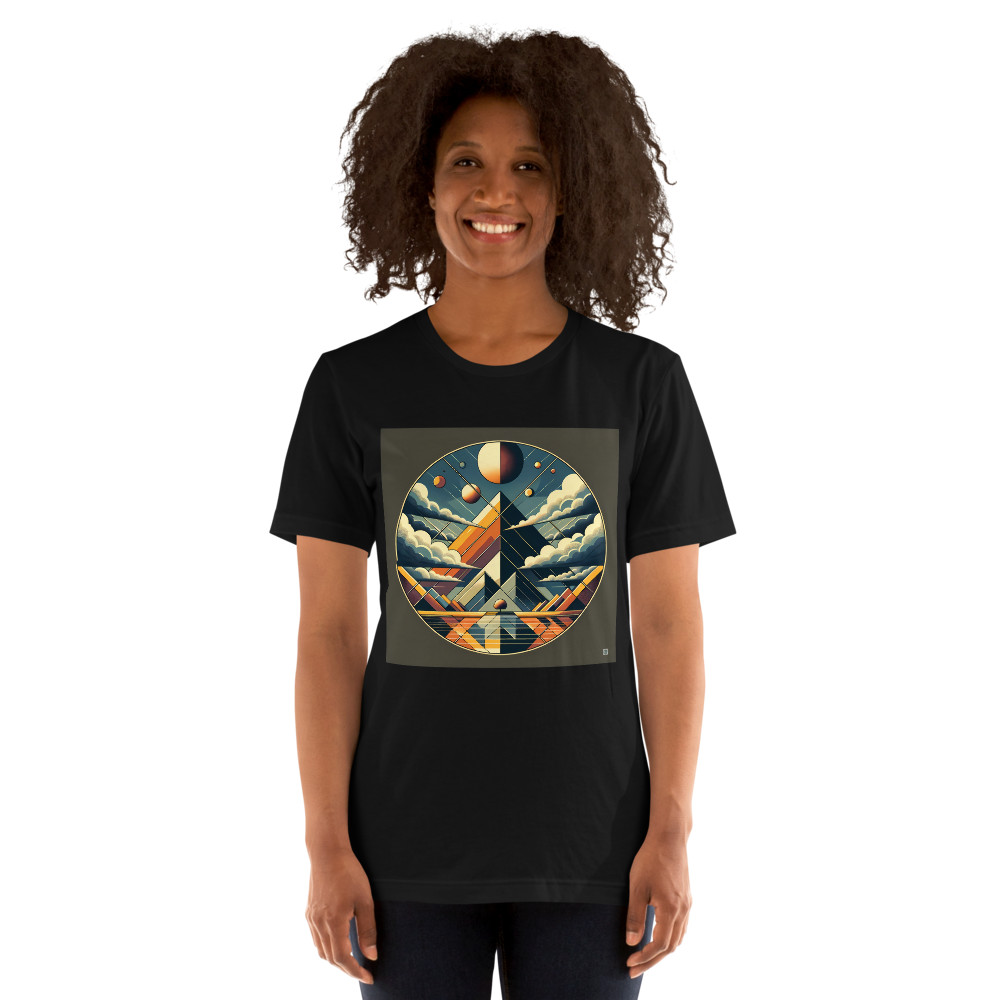 Retro Geometric Mountain Sky with Moons and Clouds