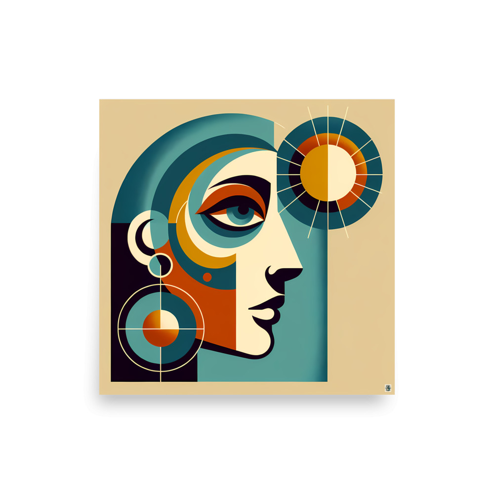 Geometric Abstract Face with Sun Motif — Art Print
