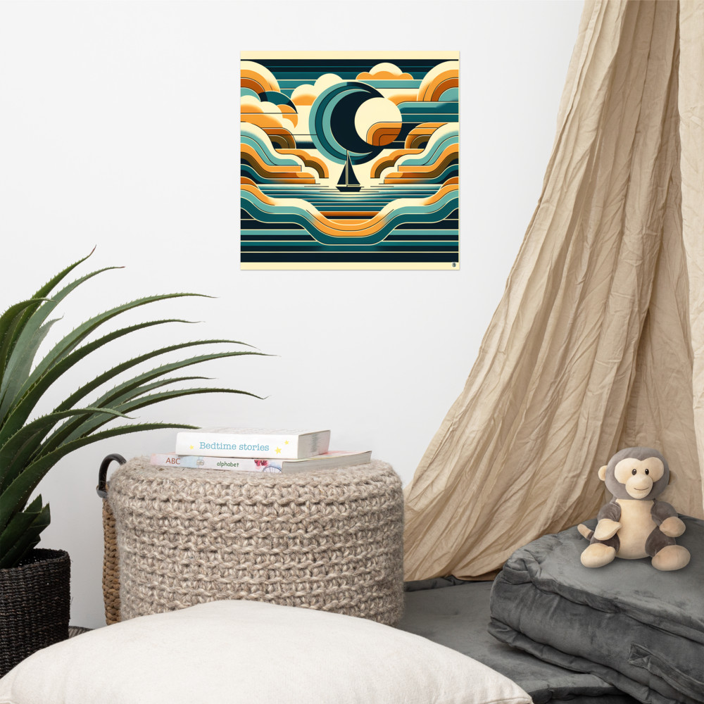 Geometric Sailboat at Crescent Moon Sea — Art Print