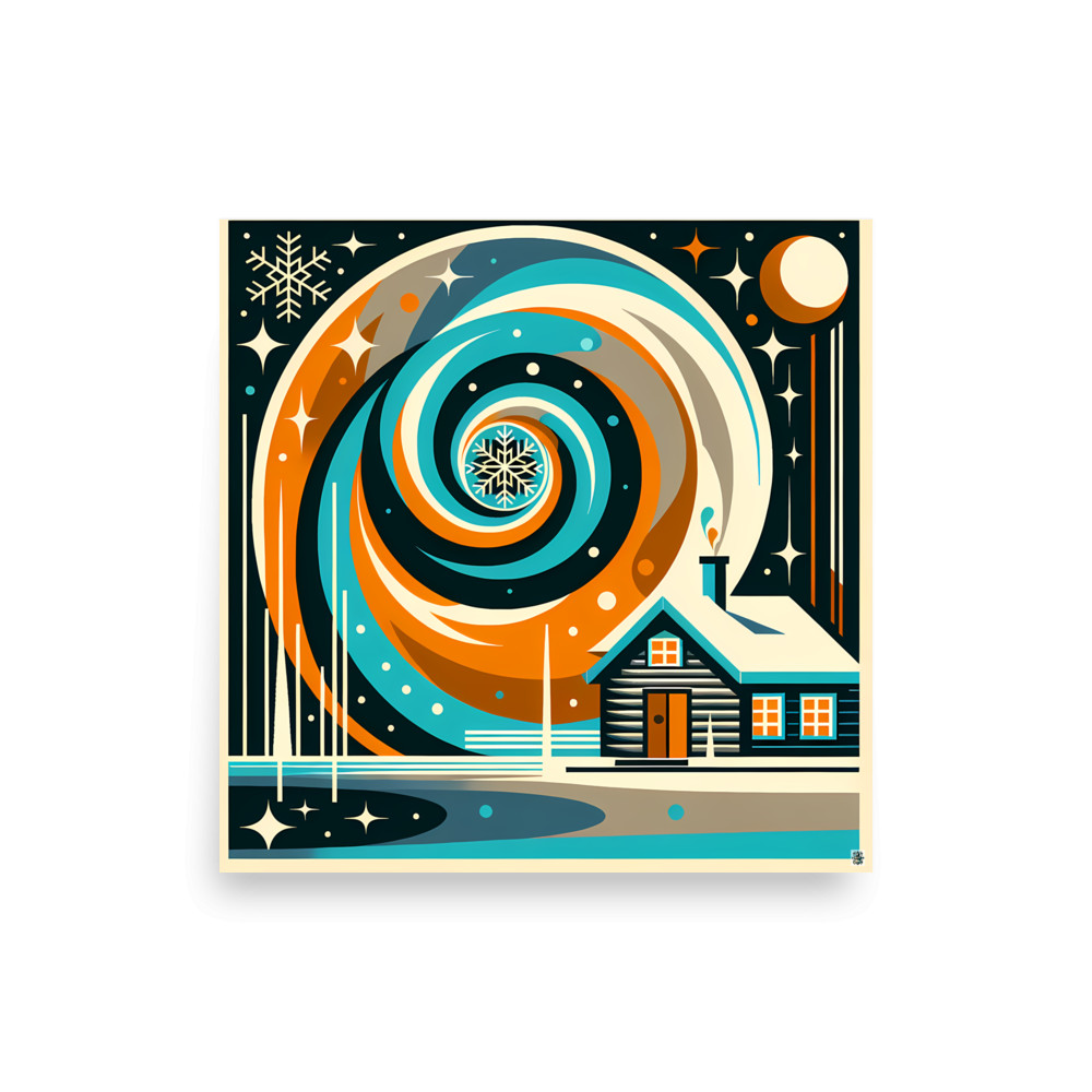 Geometric Winter Cabin Spiral Night — Art Print