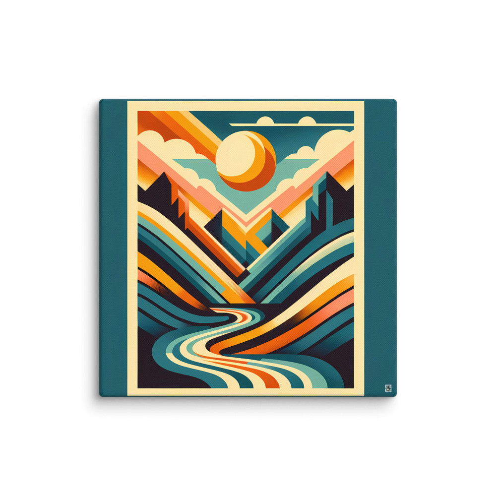 Geometric Mountain Valley with Sun and River — Canvas Print