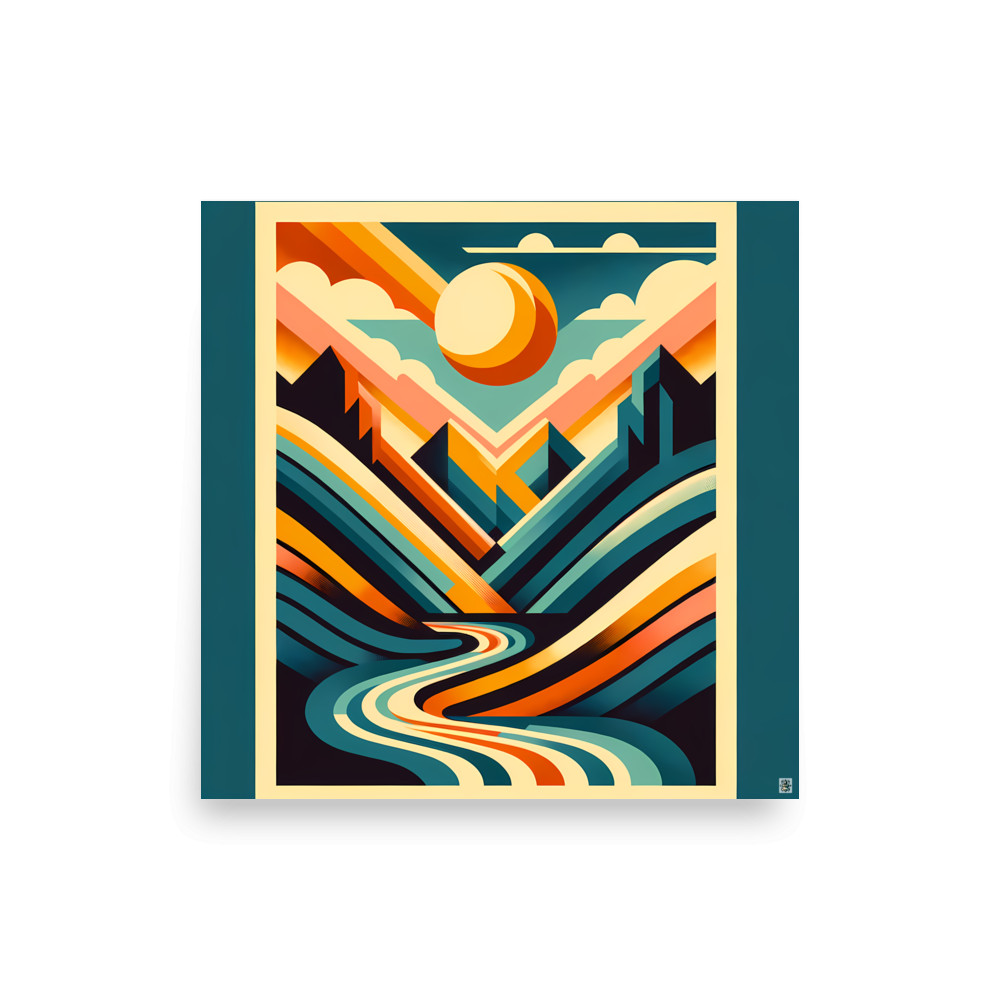 Geometric Mountain Valley with Sun and River — Art Print