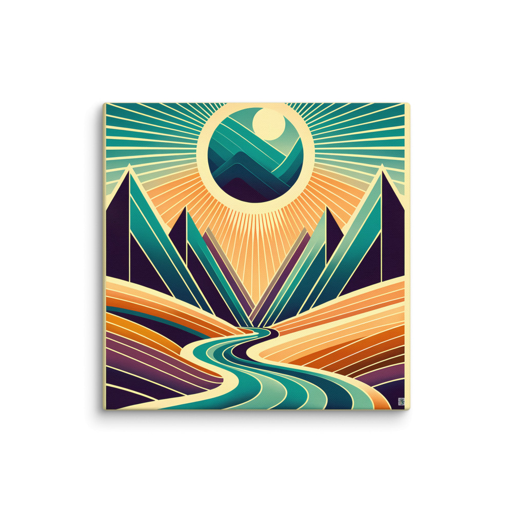Geometric Mountain Valley with Radiant Sun — Canvas Print