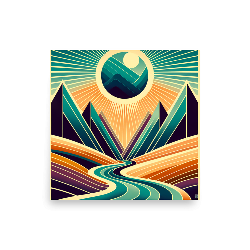 Geometric Mountain Valley with Radiant Sun — Art Print