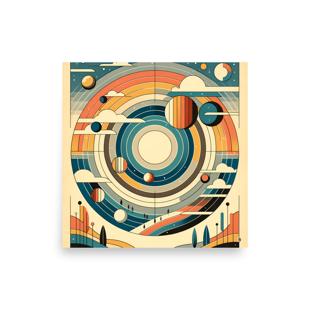 Retro Geometric Space Planets with Rainbow Rings — Art Print