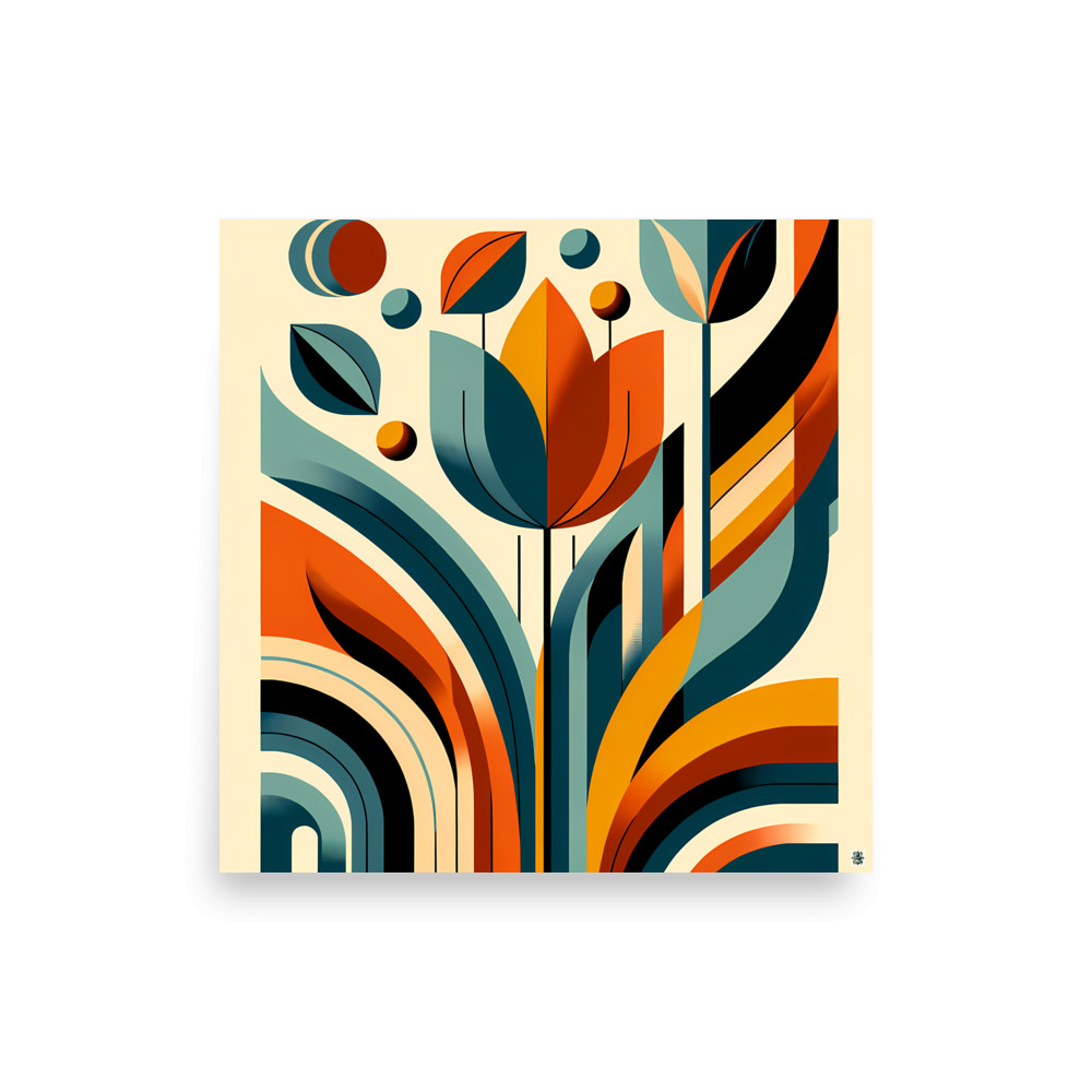Geometric Botanical Flower in Teal and Orange — Art Print