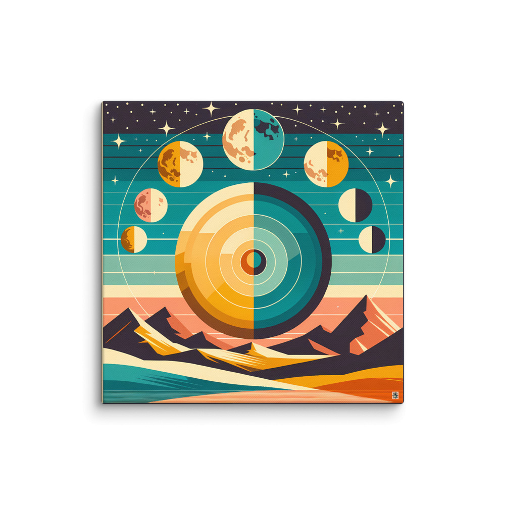 Geometric Moon Phases Over Stylised Mountains — Canvas Print