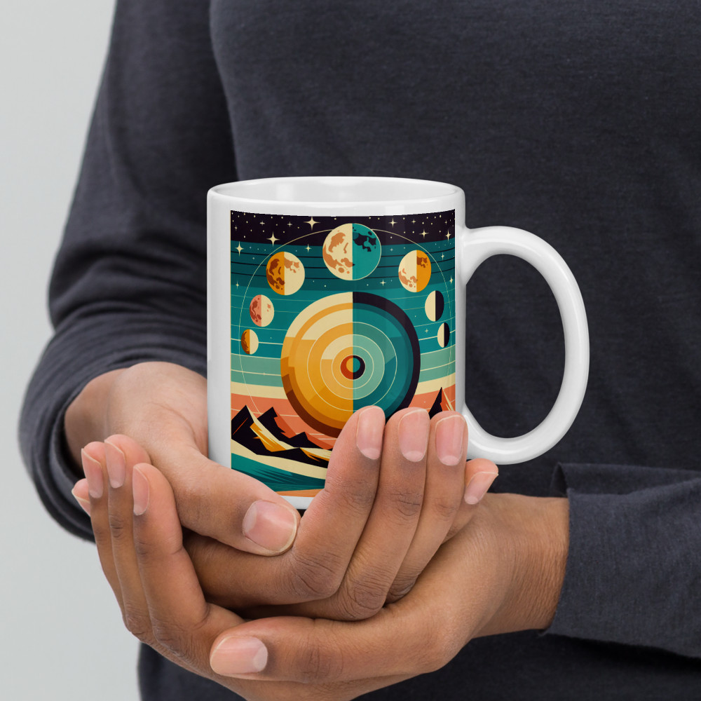 Geometric Moon Phases Over Stylised Mountains