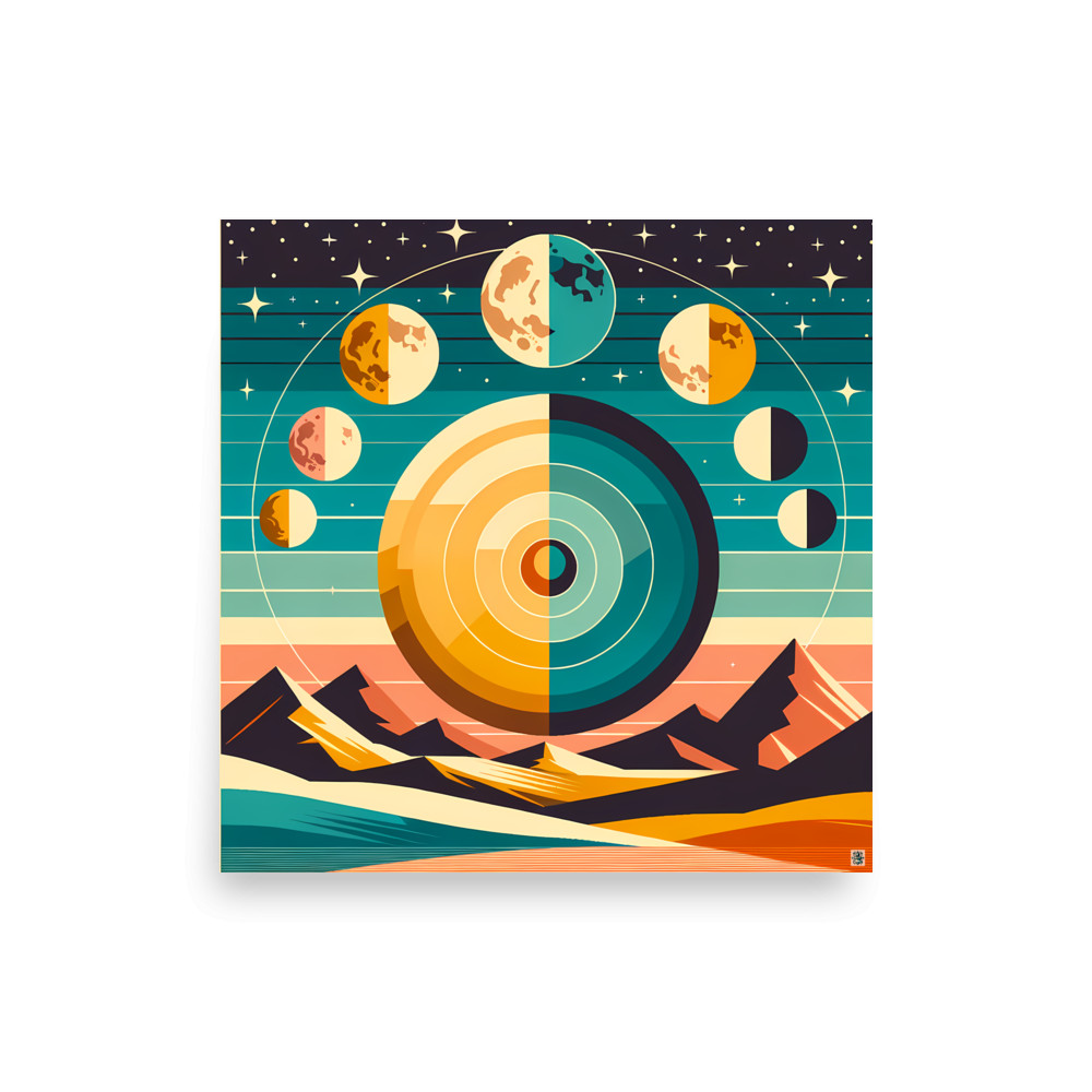 Geometric Moon Phases Over Stylised Mountains — Art Print