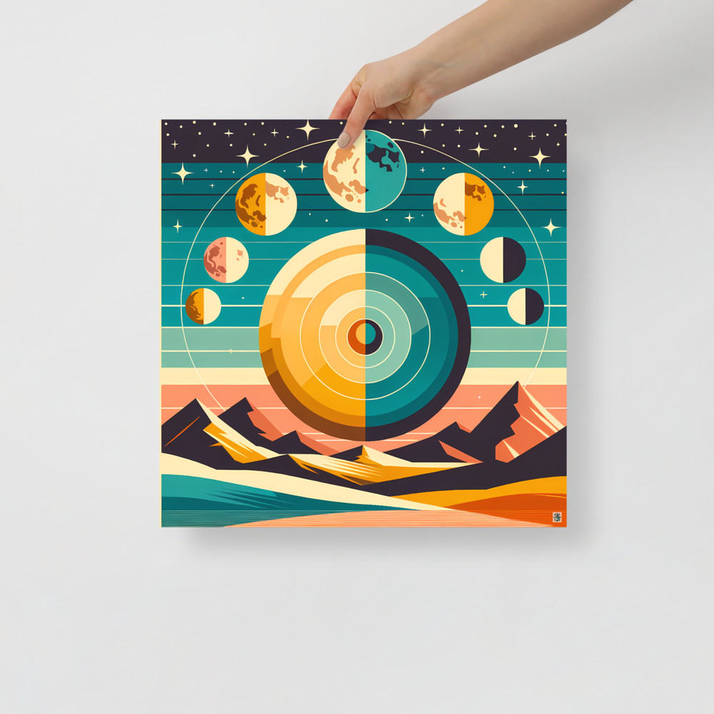 Geometric Moon Phases Over Stylised Mountains