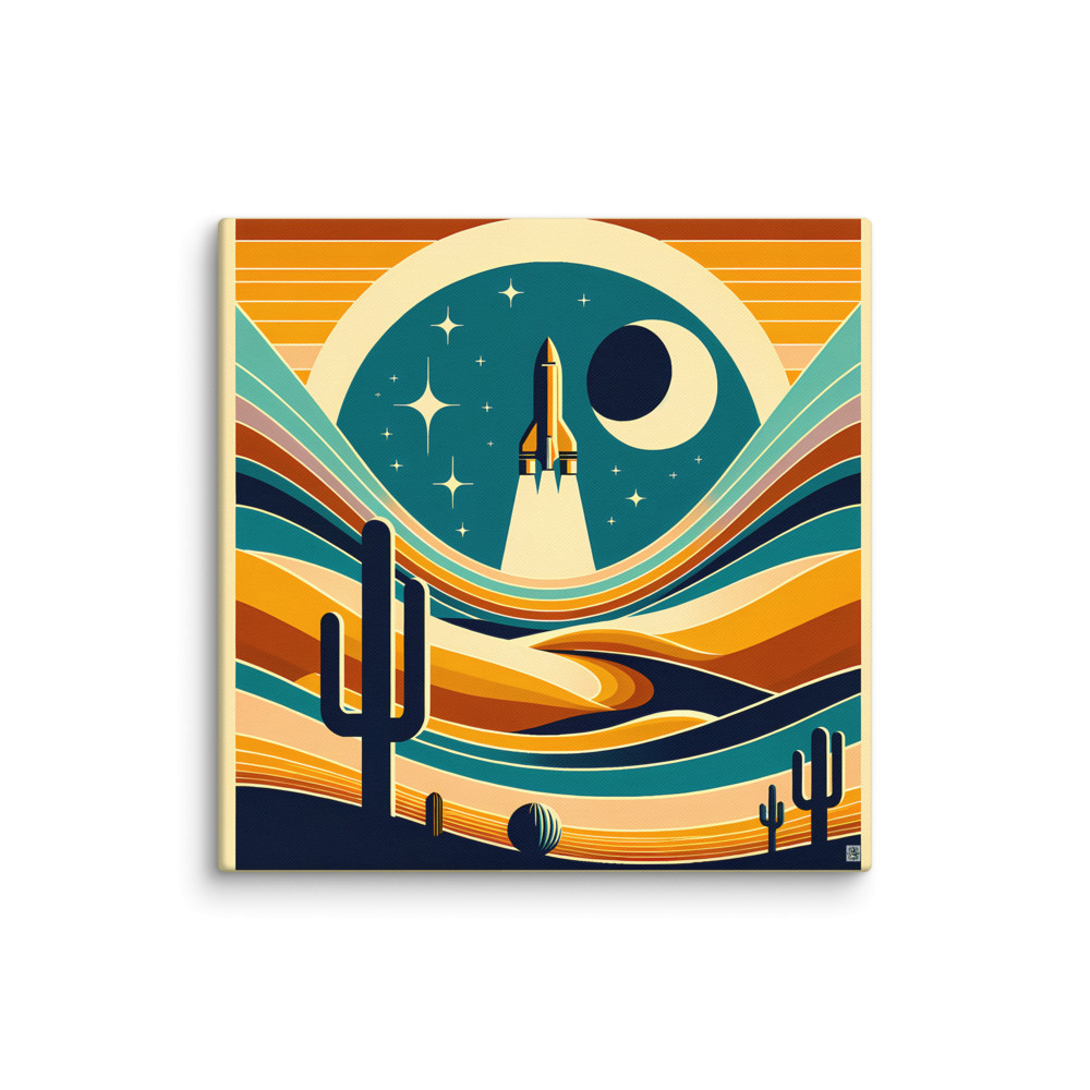 Retro rocket over desert moonscape — Canvas Print