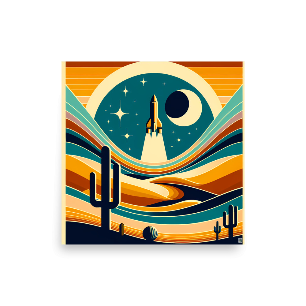 Retro rocket over desert moonscape — Art Print