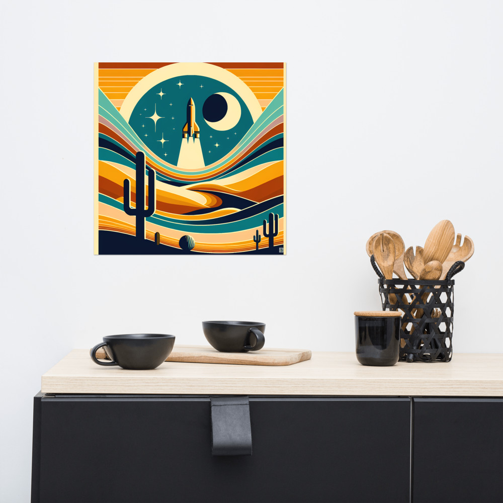 Retro rocket over desert moonscape