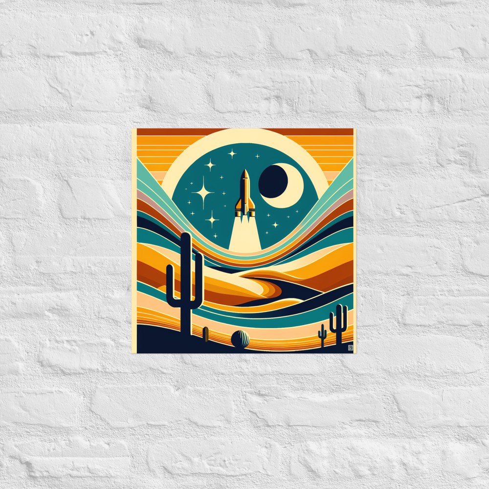 Retro rocket over desert moonscape