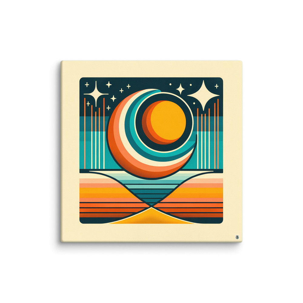 Geometric Sun Moon Over Striped Horizon — Canvas Print