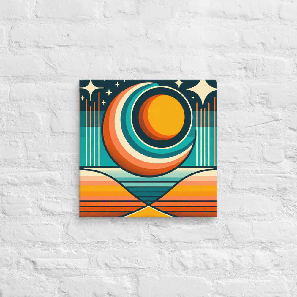 Geometric Sun Moon Over Striped Horizon
