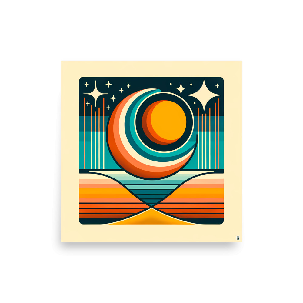 Geometric Sun Moon Over Striped Horizon — Art Print
