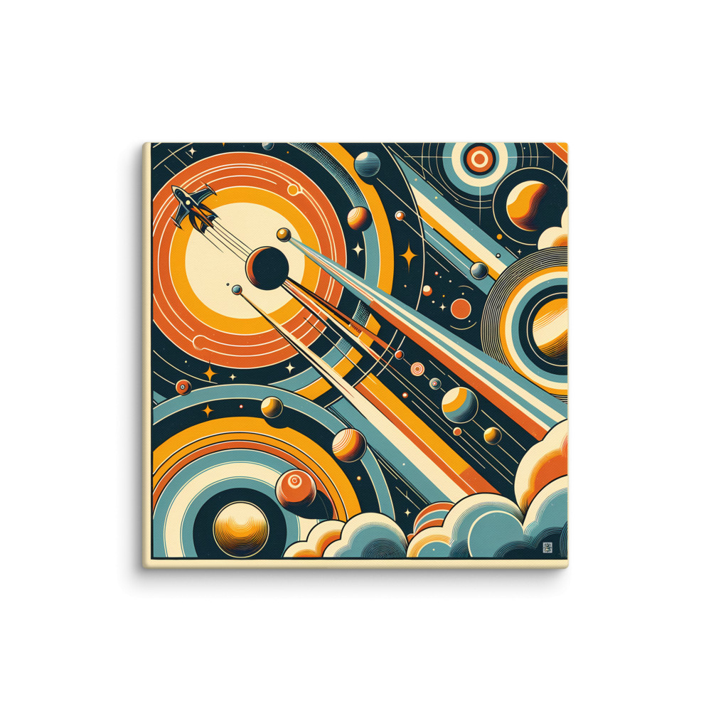 Retro Space Rocket and Planets in Geometric Orbits — Canvas Print