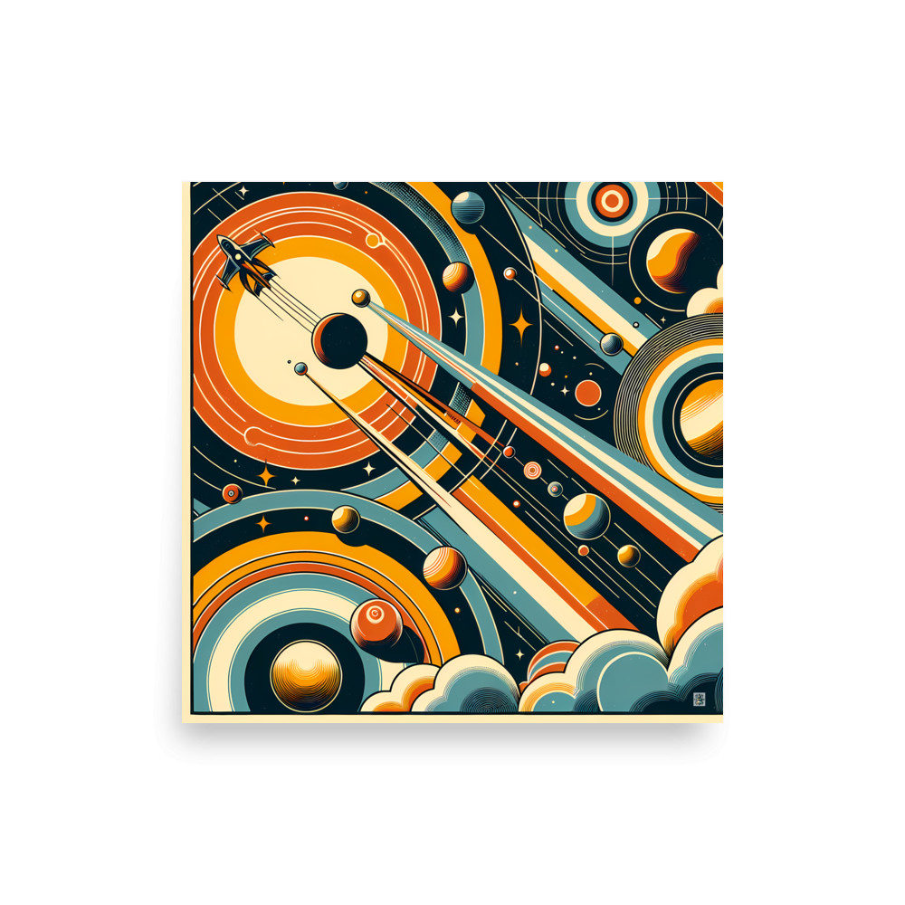 Retro Space Rocket and Planets in Geometric Orbits — Art Print