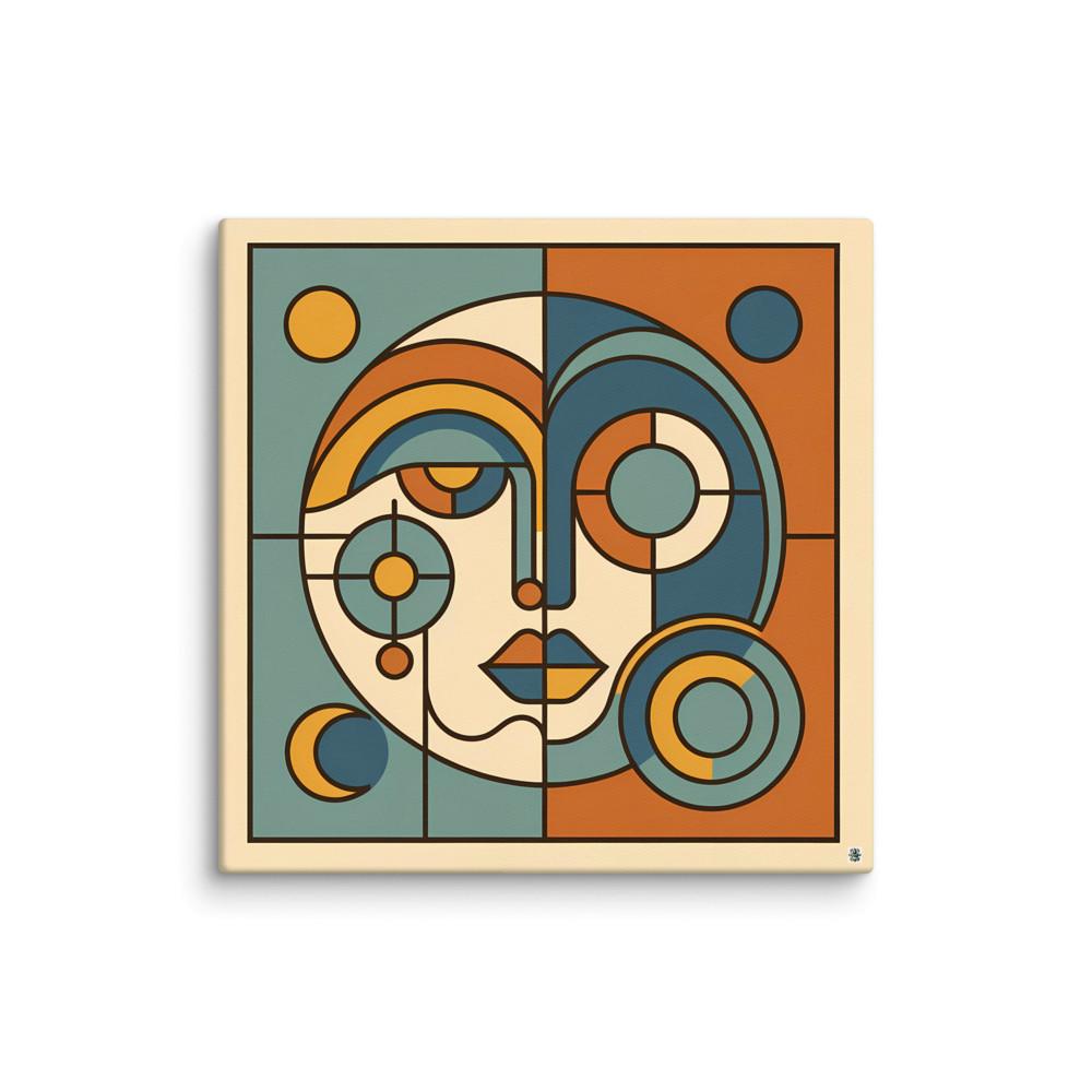 Geometric Abstract Face in Teal and Orange — Canvas Print