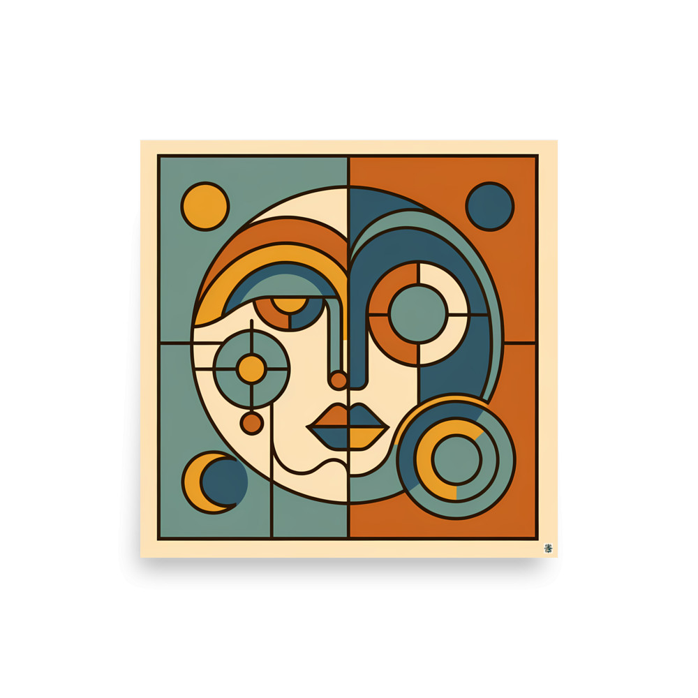 Geometric Abstract Face in Teal and Orange — Art Print
