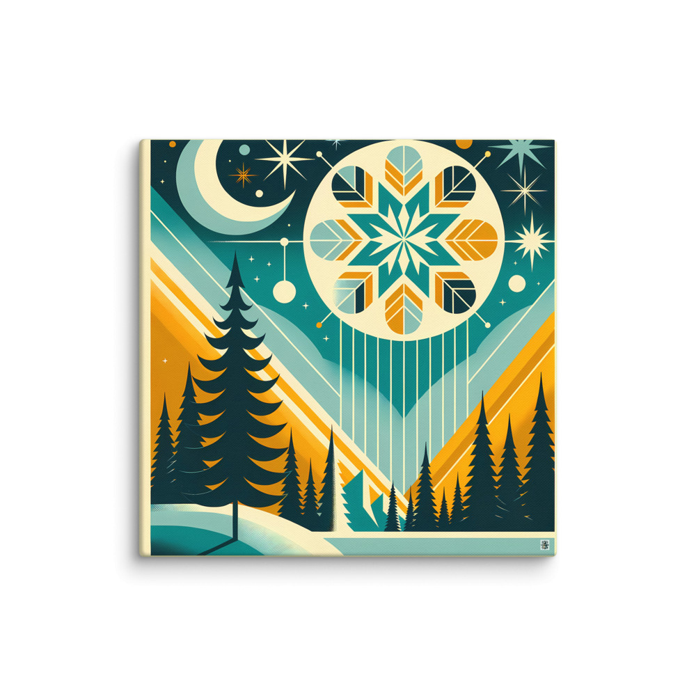 Geometric Winter Moon and Snowflake Landscape — Canvas Print