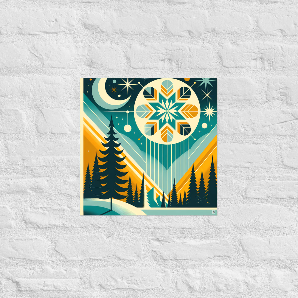 Geometric Winter Moon and Snowflake Landscape