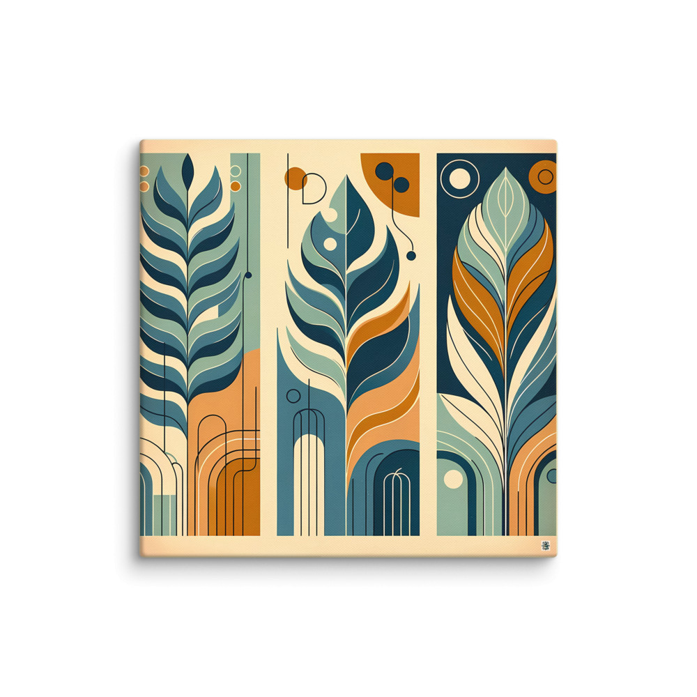 Abstract Botanical Leaves in Teal and Ochre — Canvas Print