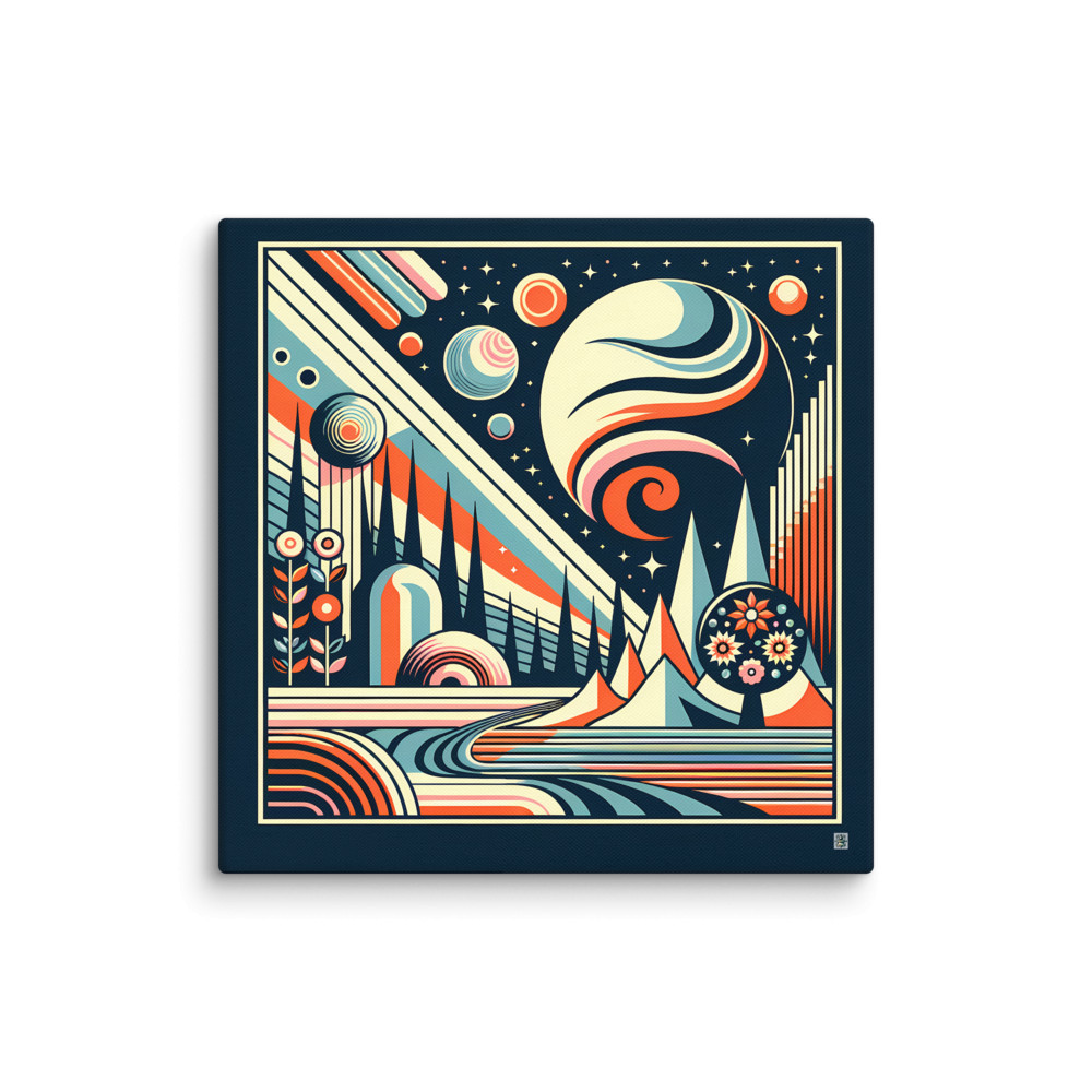 Retro Space Landscape with Planets and Geometric Peaks — Canvas Print