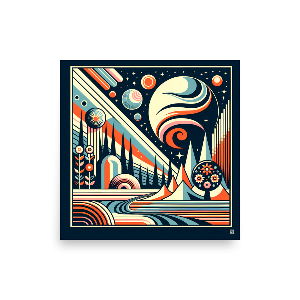 Retro Space Landscape with Planets and Geometric Peaks — Art Print