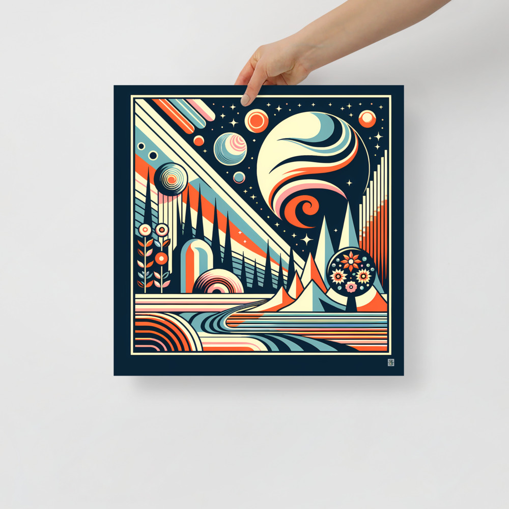 Retro Space Landscape with Planets and Geometric Peaks