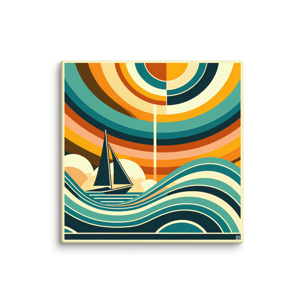 Geometric Sailboat Beneath Concentric Sunset Waves — Canvas Print
