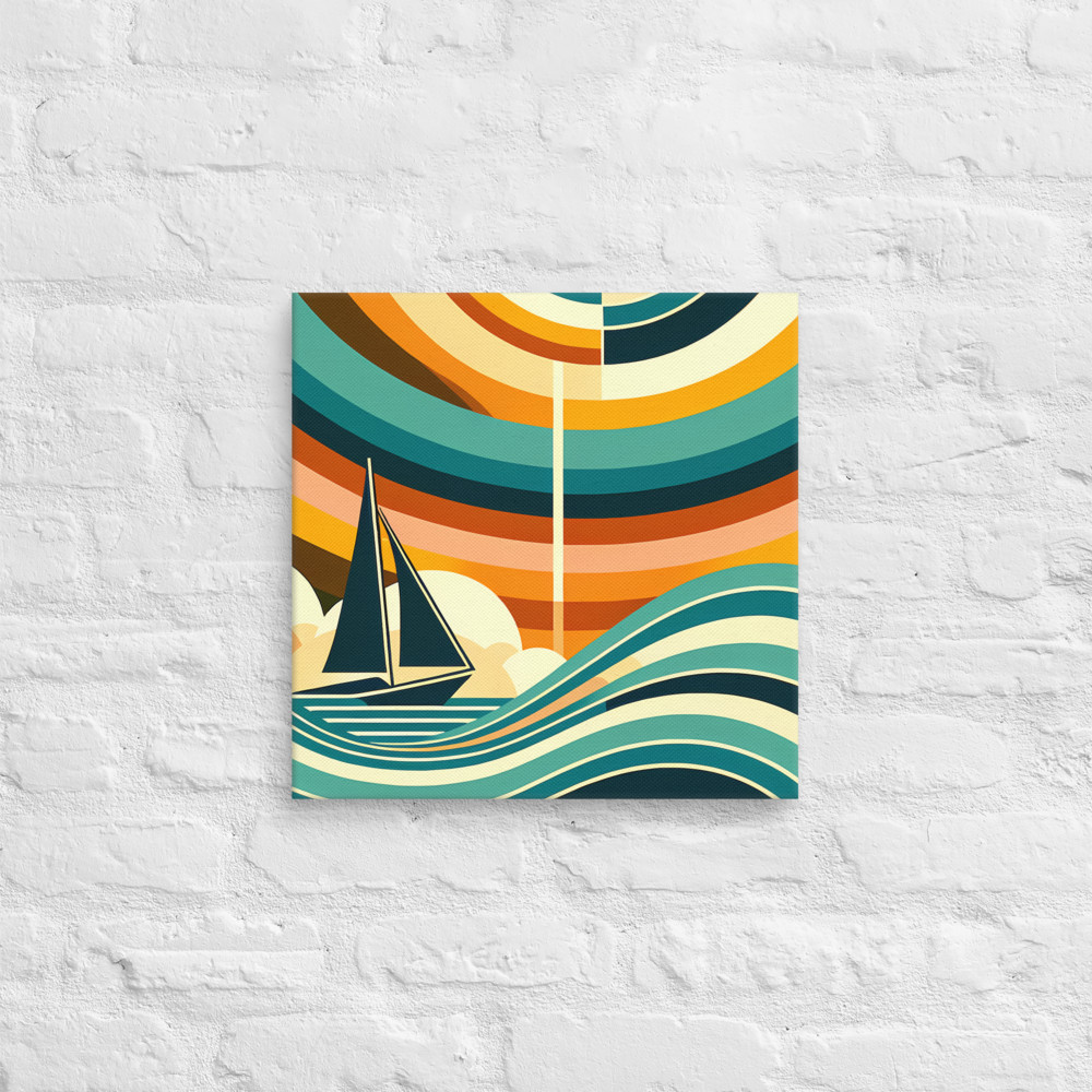 Geometric Sailboat Beneath Concentric Sunset Waves